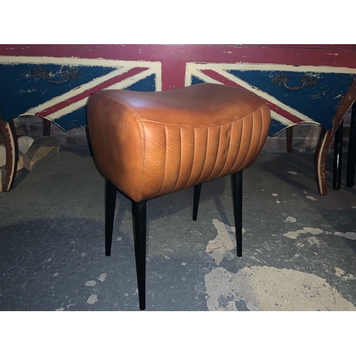 142 - NEW INDUSTRIAL STYLE RIBBED LEATHER STOOL/FOOT STOOL POMMEL HORSE ON METAL LEGS  IN TAN