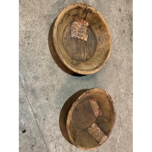 15 - PAIR ANTIQUE INDIAN TEAK AND COPPER RICE BOWLS