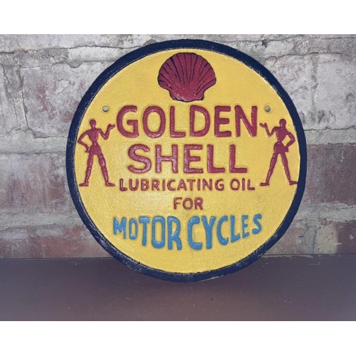 168 - CAST IRON GOLDEN SHELL MOTORCYCLE SIGN