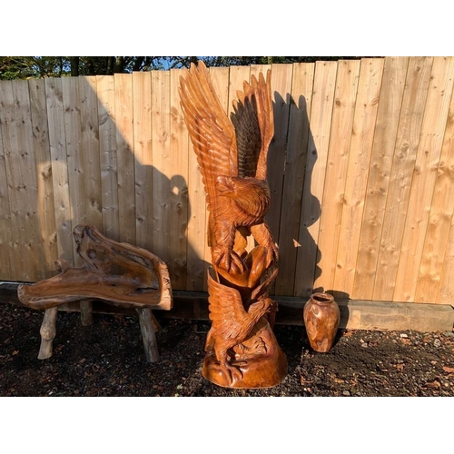 169 - STRIKING HANDCARVED HIGHLY POLISHED 2M HIGH WOODEN DETAILED EAGLE IN MOTION