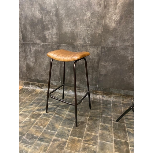 183 - 2 X NEW TAN LEATHER INDUSTRIAL RIBBED BAR STOOLS