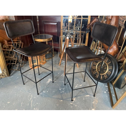 187 - 2 X NEW HIGHBACK BLACK LEATHER METAL INDUSTRIAL STYLE BAR STOOLS