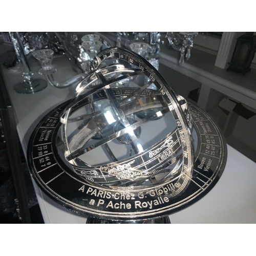 67 - BOXED NEW HIGH QUALITY EICHOLTZ STYLE OPENWORK NICKEL GLOBE ON BLACK STAND