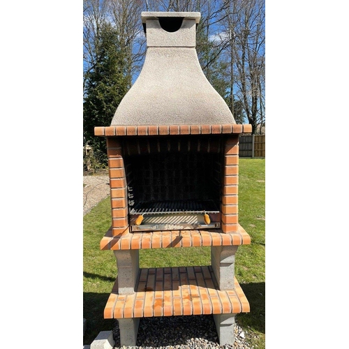 42 - CONTEMPORARY NEW/ PALLET AND BANDED RED outdoor Brick BBQ and chimney with PROFESSIONAL GALV FIRE TR... 