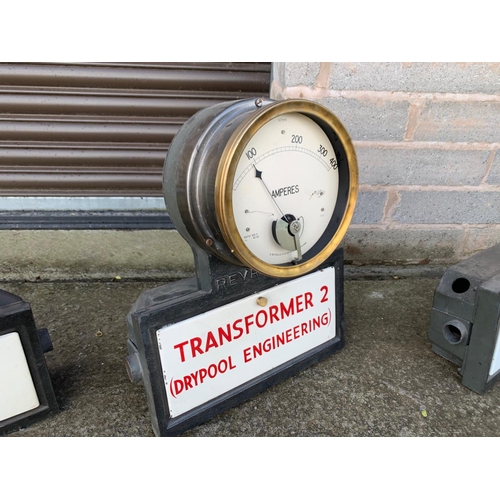 258 - VINTAGE REVRONE CAST IRON POWER STATION TRANSFORMER 2 METER WITH ENAMEL BOX AND BRASS GAUGE METER