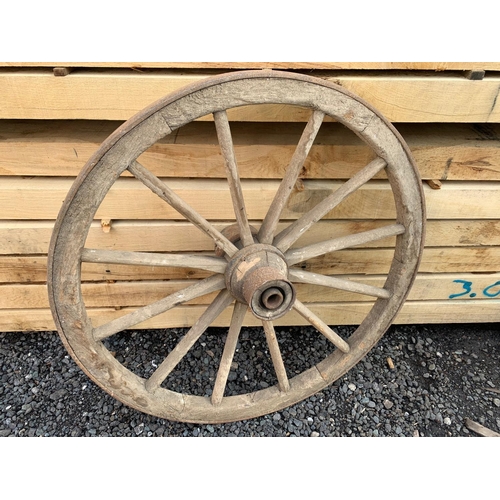 41 - ANTIQUE HUGE IRON TREAD WOODEN CART WHEELS WITH ORIGINAL HUB