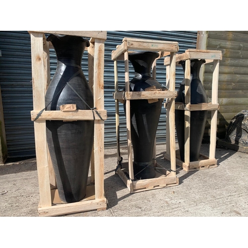 3 - SET OF THREE LARGE CRATED 1.2M TALL TERRECOTTA HANDFIRED POTS