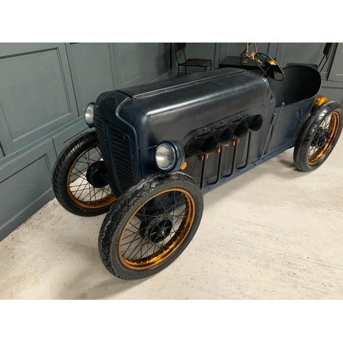 16 - Vintage Metal Dark Blue Racing Car Mini Bar/Wine Rack on Original  Wheels with Gold Trim Including C... 