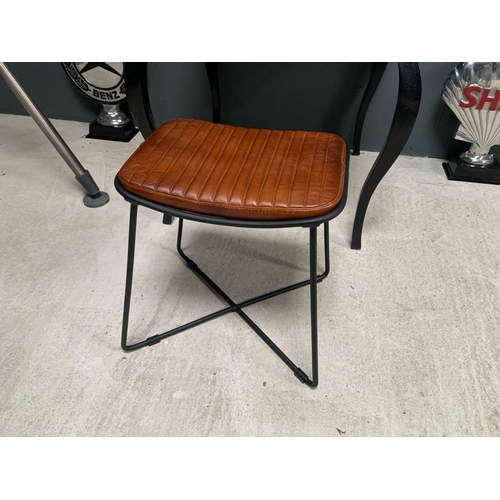 167 - BOX NEW VINTAGE STITCHED LEATHER STOOL/FOOTSTOOL ON METAL FRAME