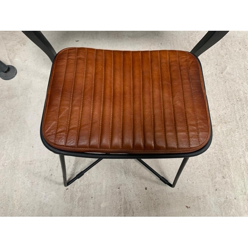 167 - BOX NEW VINTAGE STITCHED LEATHER STOOL/FOOTSTOOL ON METAL FRAME