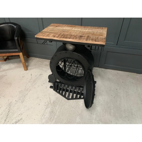 21 - LARGE HEAVY METAL STEAM ENGINE BAR COUNTER, WINE RACK & GLASS HOLDER (APPROX 90CM X 72CM X 50CM)