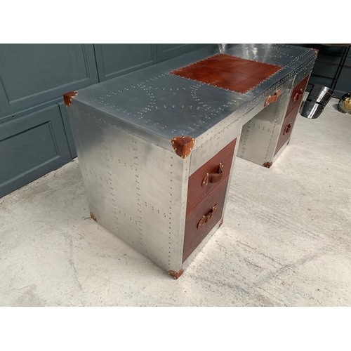 6 - 160CM DESIGNER ALUMINIUM STYLE DESK, BROWN TOP/ DRAWER COVERS