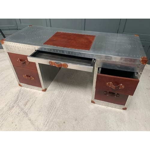 6 - 160CM DESIGNER ALUMINIUM STYLE DESK, BROWN TOP/ DRAWER COVERS