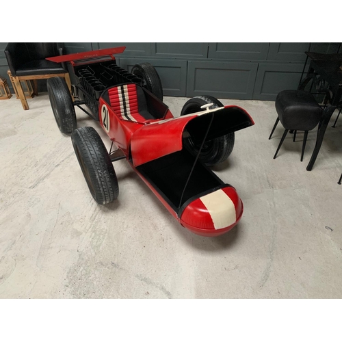 9 - FERRARI RACING CAR HAND MADE METAL CAR BAR ON ORIGINAL WHEELS C/W UNDER BONNET STORAGE WINE RACK ETC