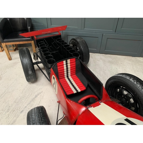 9 - FERRARI RACING CAR HAND MADE METAL CAR BAR ON ORIGINAL WHEELS C/W UNDER BONNET STORAGE WINE RACK ETC