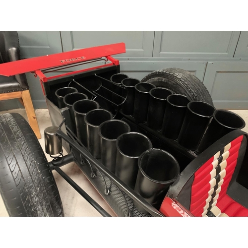 9 - FERRARI RACING CAR HAND MADE METAL CAR BAR ON ORIGINAL WHEELS C/W UNDER BONNET STORAGE WINE RACK ETC