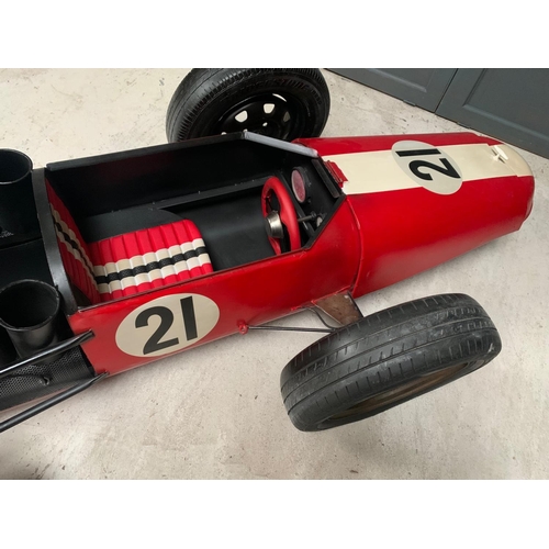 9 - FERRARI RACING CAR HAND MADE METAL CAR BAR ON ORIGINAL WHEELS C/W UNDER BONNET STORAGE WINE RACK ETC