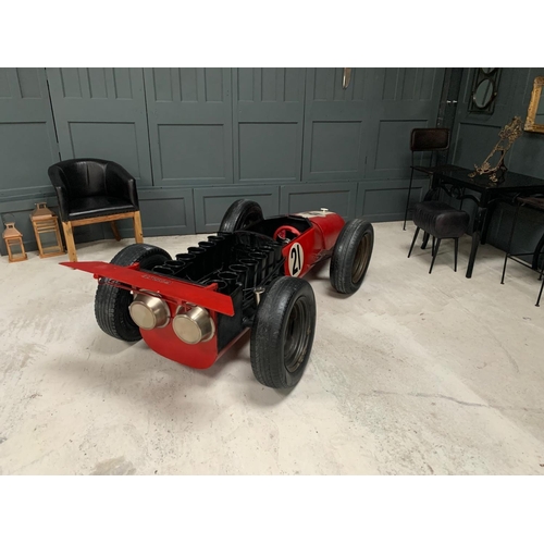 9 - FERRARI RACING CAR HAND MADE METAL CAR BAR ON ORIGINAL WHEELS C/W UNDER BONNET STORAGE WINE RACK ETC