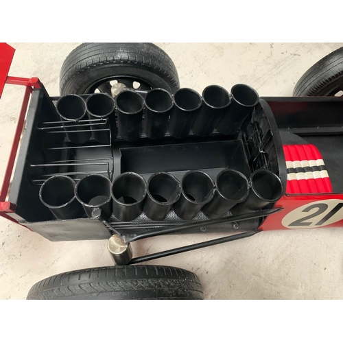 9 - FERRARI RACING CAR HAND MADE METAL CAR BAR ON ORIGINAL WHEELS C/W UNDER BONNET STORAGE WINE RACK ETC