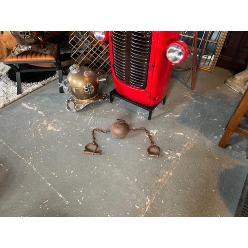 157 - RUSTY IRON BALL AND CHAIN LEG SHACKLES