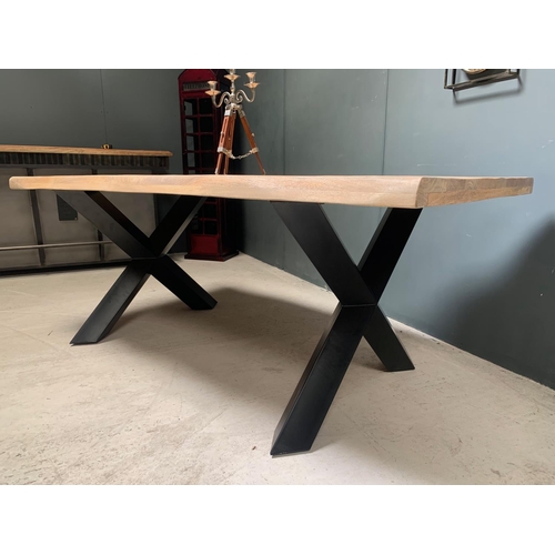 13 - BOXED HUGE LIVE EDGE HEAVY 2M LONG DINING TABLE WITH INDUSTRIAL METAL CROSSED LEGS