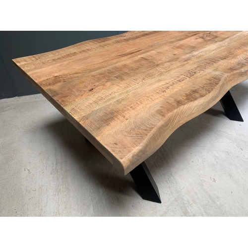 13 - BOXED HUGE LIVE EDGE HEAVY 2M LONG DINING TABLE WITH INDUSTRIAL METAL CROSSED LEGS