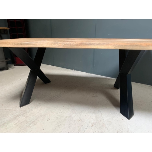 13 - BOXED HUGE LIVE EDGE HEAVY 2M LONG DINING TABLE WITH INDUSTRIAL METAL CROSSED LEGS