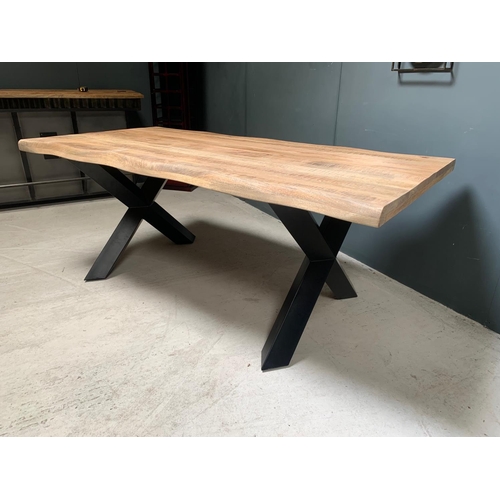 13 - BOXED HUGE LIVE EDGE HEAVY 2M LONG DINING TABLE WITH INDUSTRIAL METAL CROSSED LEGS