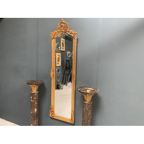 21 - LOUIS ANTIQUE GOLD ORNATE 1.7M TALL 0.5M WIDE WALL MIRROR IN WOOD AND PLASTER FRAME