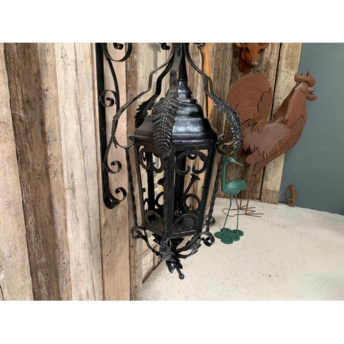 24 - HUGE 4FT DROP ORNATE EGYPTIAN IRON HEAVY HANGING LANTERN ON IRON BRACKET