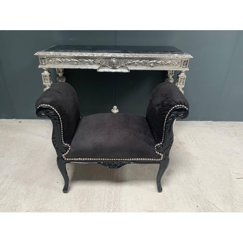 29 - BLACK FRENCH STYLE WINDOW SEAT ON HANDFINISHED DISTRESSED BLACK FRAME AND NEW BLACK UPHOLSTERY