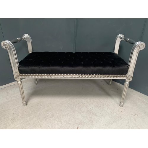 31 - SILVER BENCH/BED SEAT SEAT IN DISTRESSED ANTIQUE FINISH UPHOLSTERED IN BLACK