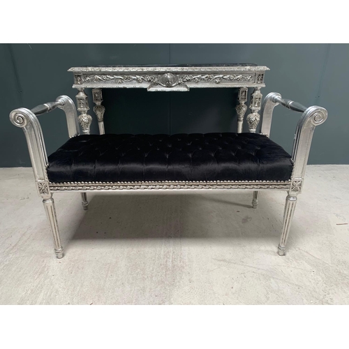 32 - SILVER BENCH/BED SEAT SEAT IN DISTRESSED ANTIQUE FINISH UPHOLSTERED IN FLORAL SILVER/BLACK