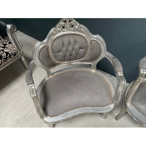 33 - SILVER 3P/C SALON SUITE HANDFINISHED DISTRESSED ANTIQUE SILVER LEAF FRAME AND UPHOLSTERY