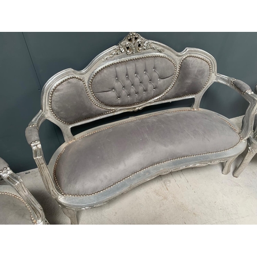 33 - SILVER 3P/C SALON SUITE HANDFINISHED DISTRESSED ANTIQUE SILVER LEAF FRAME AND UPHOLSTERY