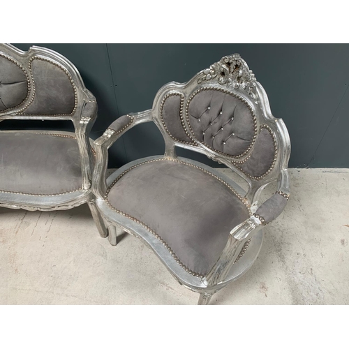 33 - SILVER 3P/C SALON SUITE HANDFINISHED DISTRESSED ANTIQUE SILVER LEAF FRAME AND UPHOLSTERY