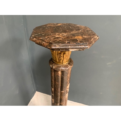 4 - ONE BROWN ORNATE MARBLE HEAVY PEDESTAL WITH BRASS DETAILING