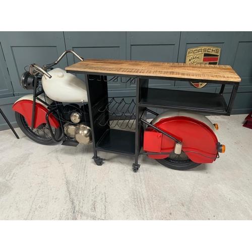 59 - INDIAN RED/WHITE GLIDER MOTORCYCLE BAR/COUNTER, C/W MULTI STOREY WINE RACK AND GLASSES HOLDER