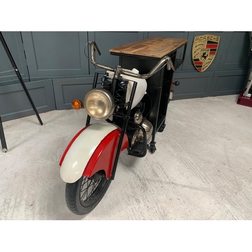 59 - INDIAN RED/WHITE GLIDER MOTORCYCLE BAR/COUNTER, C/W MULTI STOREY WINE RACK AND GLASSES HOLDER