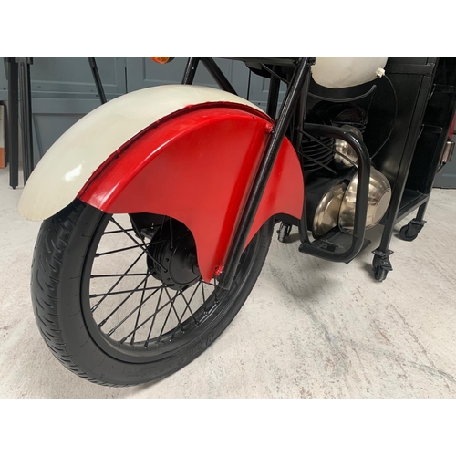 59 - INDIAN RED/WHITE GLIDER MOTORCYCLE BAR/COUNTER, C/W MULTI STOREY WINE RACK AND GLASSES HOLDER