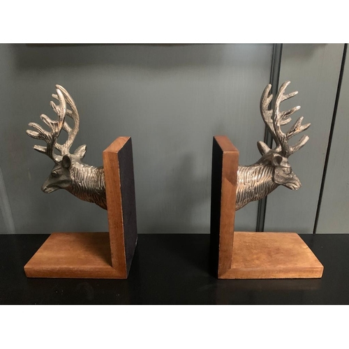 65 - BOXED NEW NICKEL STAGS HEAD BOOK ENDS ON A WOODEN STAND