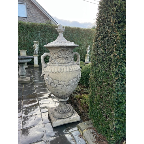 9 - MATCHING PAIR CLASSICAL STONE COMPOSITE 5FT TALL ORNATE URNS WITH HANDLES AND LID IN ANTIQUE FINISH