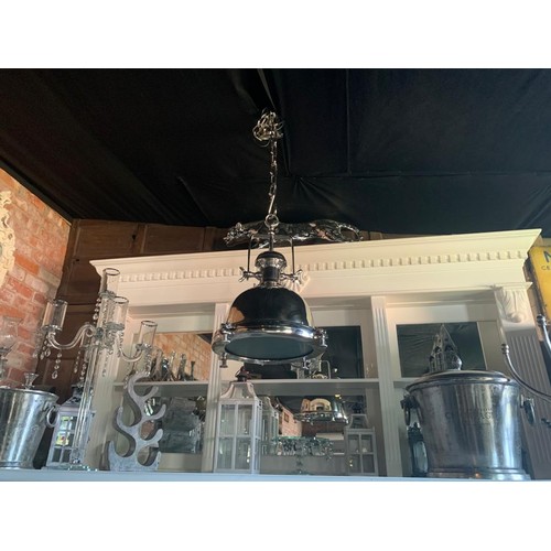 85 - HUGE HEAVY DUTY INDUSTRIAL STYLE NICKEL HANGING LIGHT ON CHAIN