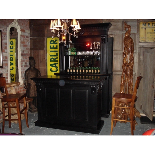 10 - NEW PACKAGED 1.5M SOLID MAHOGANY FRONT BAR AND BACK BAR FULLY SHELVED/MIRRORED IN BLACK