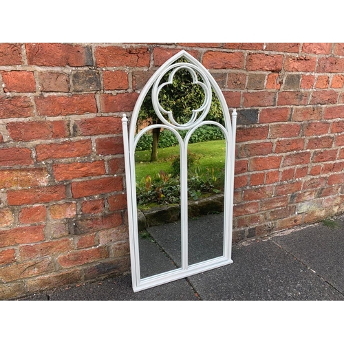 129 - METAL FRAMED GOTHIC ARCHED GARDEN MIRROR 105CM X 55CM