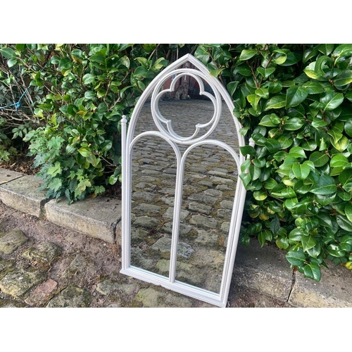 129 - METAL FRAMED GOTHIC ARCHED GARDEN MIRROR 105CM X 55CM