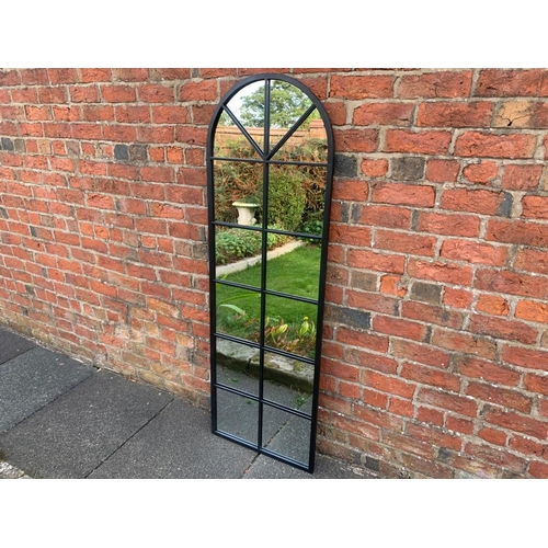 130 - METAL FRAMED BLACK ARCHED GEORGIAN GARDEN MIRROR 165CM TALL