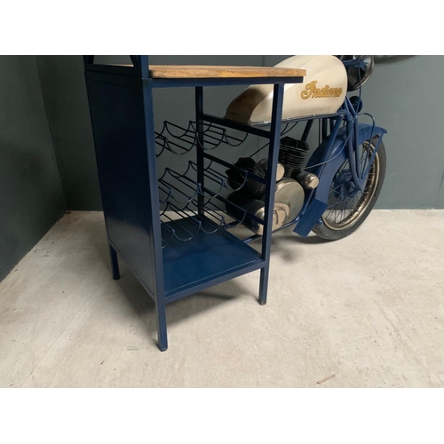15 - INDIANA BLUE/WHITE MOTORCYCLE BAR/COUNTER, C/W MULTI STOREY WINE RACK AND GLASSES HOLDER