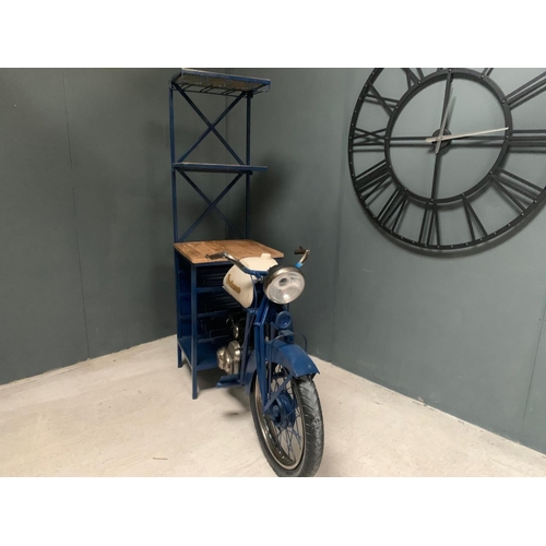 15 - INDIANA BLUE/WHITE MOTORCYCLE BAR/COUNTER, C/W MULTI STOREY WINE RACK AND GLASSES HOLDER