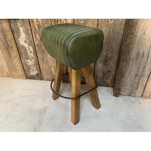 159 - LARGE VINTAGE INDUSTRIAL STYLE RIBBED LEATHER POMMEL HORSE STOOL IN GREEN